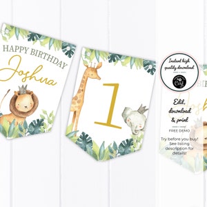Gold Watercolour Jungle Safari - Instant Digital Download - Personalised Birthday Bunting/Garland Party Decoration Banner Editable PDF