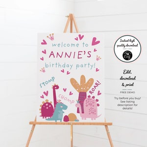 Stomp Chomp Roar - Pink Dinosaur - Digital Personalised Birthday Welcome Sign - Instant Download - A1, A2, A3, A4 - Editable PDF