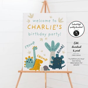 May include: A printable welcome sign for a dinosaur themed birthday party. The sign features a blue and yellow dinosaur with the text "Welcome to Charlie's Birthday Party!" and the words "Stomp", "Chomp", and "Roar!"