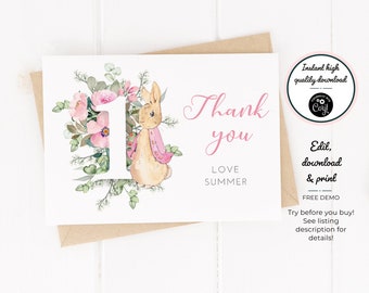 May include: A thank you card featuring a watercolour illustration of a bunny rabbit and pink flowers surrounding the number one. The text "Thank you" is written in cursive with the words "Love Summer" below it.