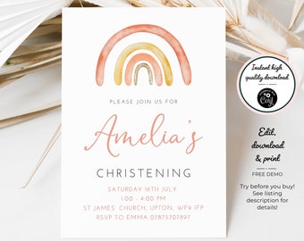 Boho Rainbow - Invitaciones de bautizo - Descarga digital instantánea - Invitaciones de bautizo personalizadas - PDF editable