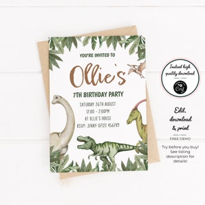 Watercolour Dino - Party Invitations - Instant Digital Download - Personalised Dinosaur Birthday Party Invites - Editable PDF
