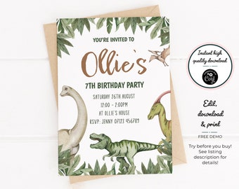 May include: A printable invitation for a 7th birthday party with a dinosaur theme. The invitation features a green, brown, and white dinosaur illustration with the text "You're invited to Ollie's 7th Birthday Party".