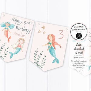 Under the Sea Mermaid Decoration - Instant Digital Download - Personalised Birthday Bunting/Garland Party Decoration Banner Editable PDF