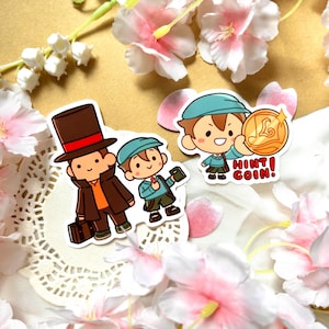 Professor Layton Sticker [7cm] | Luke Hint Coin Sticker [6.3cm] | Glossy, Vinyl