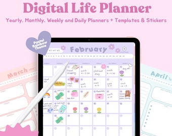 Puede incluir: Un planificador de vida digital con un tema de arcoíris pastel. El planificador incluye un calendario mensual para febrero con tareas diarias y notas. El calendario está en una tableta con un lápiz óptico. La imagen también muestra un calendario mensual para marzo y abril.