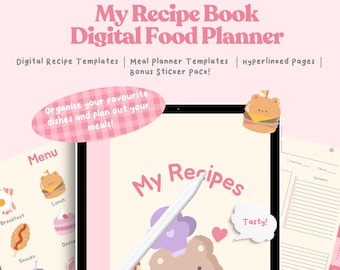 May include: A digital food planner with a pink and white color scheme. The planner features a cute cartoon bear wearing a chef's hat and holding a pizza. The text "My Recipes" is written in a large, bold font. The planner includes digital recipe templates, meal planner templates, and hyperlinked pages. It also includes a bonus sticker pack.