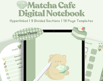 Può includere: Un modello di quaderno digitale con uno schema di colori verde e bianco. Il quaderno presenta una simpatica illustrazione di un orso che tiene una tazza di matcha. Il testo "Matcha Cafe Theme" è visualizzato sullo schermo. Il quaderno è progettato per essere utilizzato con un iPad e una Apple Pencil.