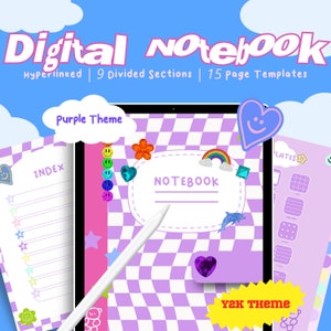 Y2K Purple Digital Notebook: Kawaii Theme, Stickers (PDF)