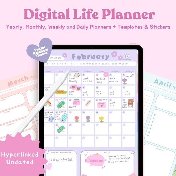 Pastelowy cyfrowy planer życia: niedatowany organizer kawaii (PDF)