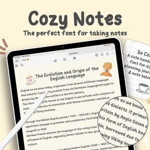 Könnte beinhalten: Ein digitaler Tablet-Bildschirm zeigt einen Text über die Entwicklung und den Ursprung der englischen Sprache. Der Text ist in einer handschriftlichen Schriftart namens Cozy Notes geschrieben. Der Text lautet: "Englisch, wie wir es heute kennen, stammt aus mehreren verschiedenen Sprachen. Und Dialekten. Es hat sich hauptsächlich aus alten germanischen Sprachen entwickelt, die im 5. Jahrhundert von angelsächsischen Siedlern nach Großbritannien gebracht wurden."