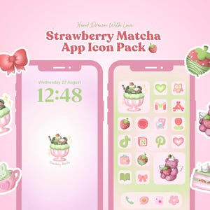 Strawberry Matcha App Icons | Home Screen Set Up | Cute App Icon Pack | Cute app Icons