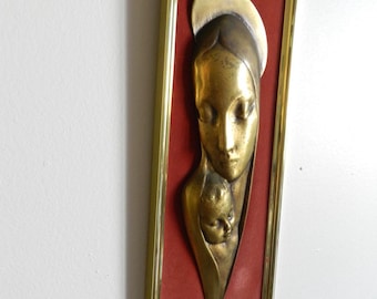 Virgin and Child Jesus Hand-Chiseled Bronze Sculpture, 37cm 14.57", Gilded Frame Velvet, Bronze Virgin and Child, Antic Devotion, Holy Art