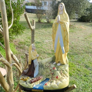 Antique Plaster Statue of Our Lady of Lourdes and Bernadette, Centenary Souvenir, Immaculate Luminous Statue, PENE Alban Polychrome 1958