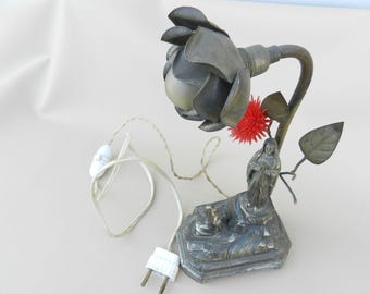 Healing Lamp Our Lady of Lourdes Flower and Bernadette, AB Swiss Antique Lamp, Grotto Apparitions Lourdes Massabielle Metal, Ave Maria Antic