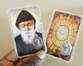 Laminated prayer card, Saint Charbel, Holy Spirit, religious card and medal, Catholic Saints prayer card, Devotion Card