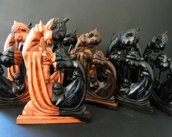 Holy family wooden Christmas crib, nativity sculpture ebony wood cubism, Jesus Mary Joseph, Christmas santon, Antic Devotion, 9 cm 7.48"