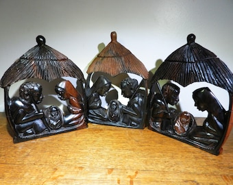 Nativity holy family sculpted in ebony wood, crib ebony wood sculpture, Holy Family Christmas crib santon, Antic Devotion, 21 cm 8.27 inch
