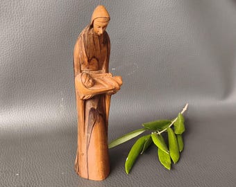 Vintage Hand-Carved Olive Wood Virgin and Child Bethlehem Statue 6.3", May 1978 , Handcrafted Wooden Mary and Jesus, Holy Land Religious Art