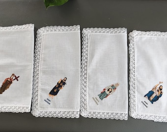 Religiöses Taschentuch, katholische Frömmigkeit, katholisches Prozessionstuch, Heiliger Erlöser, Heilige Helena, Heilige Veronika, Heiliger Athanasius