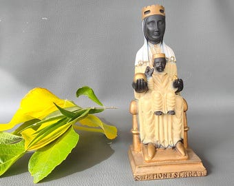 Vintage Black Virgin of Montserrat Statue (La Moreneta) 7.48", Painted Resin Virgin and Child, Catalonia Souvenir, Spanish Religious Art