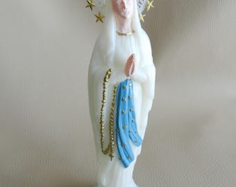 Our Lady of Miracles blessed statue, Miraculous Virgin, Lourdes Virgin Mary, luminous pink face blue base, Immaculate Conception, 17cm 6.69&quot;