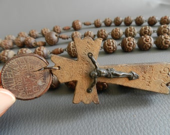 Old Rosary Extra long Madonna Lourdes French carved wood beads 2 m, Catholic religious Artifact wall rosary, passion of Jesus Devotion, 1800