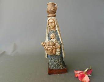 Virgin and Child Statue with Bread Basket and Water Jug 10.24", The Housewife Virgin, Bethlehem Monastic Art, Altar Decor, Rustic Sacred Art