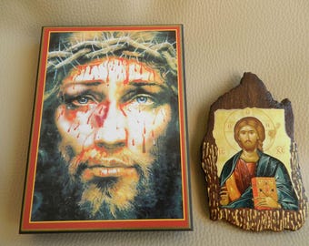 Sacred Icon of the Precious Blood and Holy Face Crowned with Thorns of Jesus, Image painted on support of Jesus in Agony, Christ Pantocrator