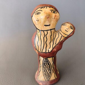 Mother and Child Sejnane Pottery 5.51" - Vintage Tunisian Berber Clay Statue, UNESCO Intangible Cultural Heritage, Folk Art Fertility Doll