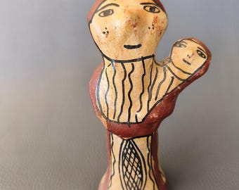 Mother and Child Sejnane Pottery 5.51" - Vintage Tunisian Berber Clay Statue, UNESCO Intangible Cultural Heritage, Folk Art Fertility Doll