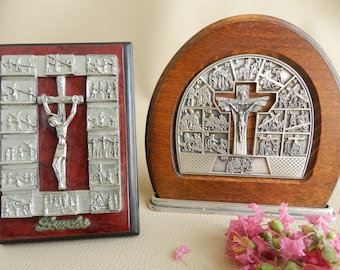 Stations way of the Cross Hand-Carved Pewter and Wood, Jesus Crucifix, Post-Modern Design Way of the Cross, Lourdes Sanctuary Anticdevotion