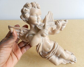 Terracotta Cherub Angel Playing Violin 19th Century, 10.63", Angel Praying Flying Angel, Guardian Angel Sculpture, Antic Devotion