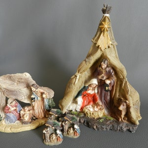 Crèche Pocket de noël Set résine, nativité sous la tente coffret, tipi crèche sainte famille, figurines cadeau crèche bijou, Antic Dévotion