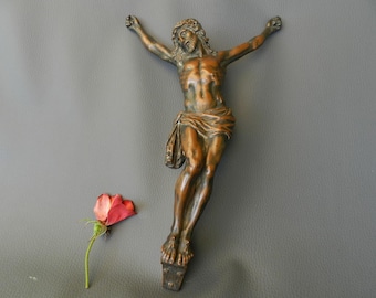 Rare Antique Bronze Corpus Christi 33cm 13", Baroque Era, 17th - Early 18th Century, Agony of Christ, Rustic Bronze Statue, Antique Devotion