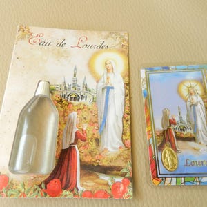 Kit eau de Lourdes et Carte de prière plastifiée, Eau de Lourdes, Carte Vierge Marie Bernadette, carte prière catholique religieuse médaille