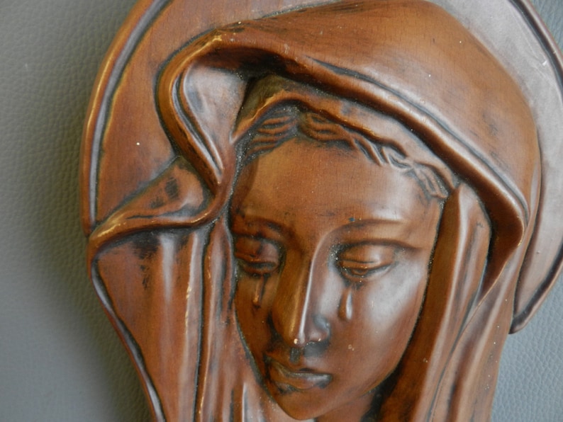 Vierge Marie en larmes statue bois, antic Piéta Madone voilée en pleurs