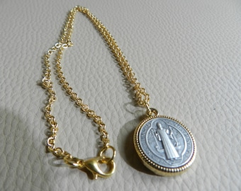 Saint Benedict necklace with 19." golden chain, 0.8 silver Saint Benedict medallion, San Benito protection safeguard, Antic Devotion pendant