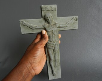 Rare Green Enamel Wall Crucifix for Hanging, Christ on Terracotta Cross, Realistic Rustic Crucifix Hanging, Religious Baptism Gift Devotion