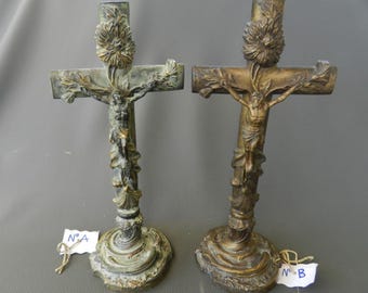 Bronze Crucifix 19th Vintage Altar Cross 28cm 11.02", French Sacred Art Gilded Dark Patina, Baroque Gothic Decor, Religious Baptism Gift