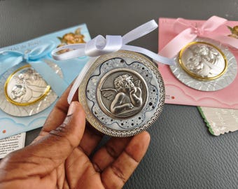 Silver Guardian Angel Raphael for Baby, Infant Jesus Crib Medal, Bed Protection Decor, Antique Devotion 6.5cm 2.5" , Baby Sauveguarde