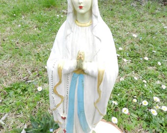 Virgin Statue 19th Century Plaster, Polychrome Lourdes Virgin Statue, Immaculate Plaster Napoleon III Statue, Signed Dupont et Fils, Madone
