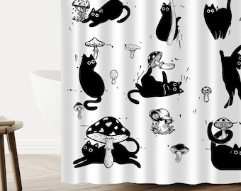 Rideau de douche chat noir champignon, rideau de douche chat drôle, rideau de douche esthétique, décor de salle de bain drôle