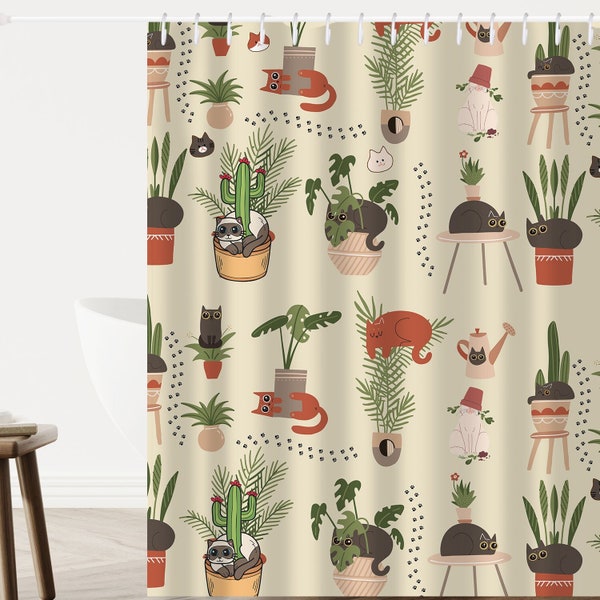 Cat Shower Curtain, Plant Shower Curtain, Funny Shower Curtain, Cat Lover Bathroom Decor