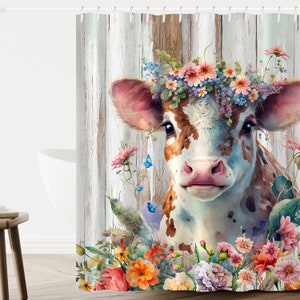 Farmhouse Cow Shower Curtain, Western Shower Curtain, Watercolor Flower Shower Curtain, Rustic Bathroom Decor