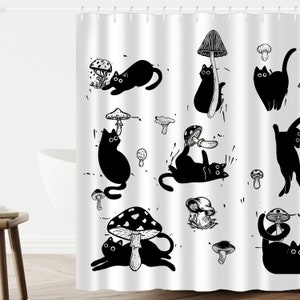 Mushroom Black Cat Shower Curtain, Funny Cat Shower Curtain, Aesthetic Shower Curtain, Funny Bathroom Decor