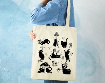 Mushroom Tote Bag, Black Cat Tote Bag, Canvas Tote Bag, Aesthetic Tote Bag, Cat Lover Gift