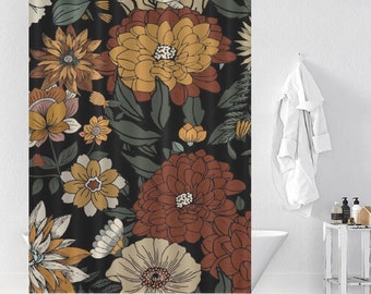 Boho Flower Shower Curtain, Mid Century Shower Curtain, Botanical Bathroom Decor