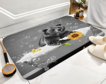 Funny Bear in Bathtub Bath Mat, Bear with Sunflower Bubbles Bathroom Mat, Floor Mats, Indoor Outdoor No Slip Mat, Farmhouse Bathroom Decor