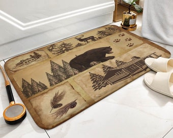 Brown Bear Forest Bath Mat, Rustic Cabin Bathroom Mat, Floor Mats, Indoor Outdoor No Slip Mat, Farmhouse Bathroom Decor